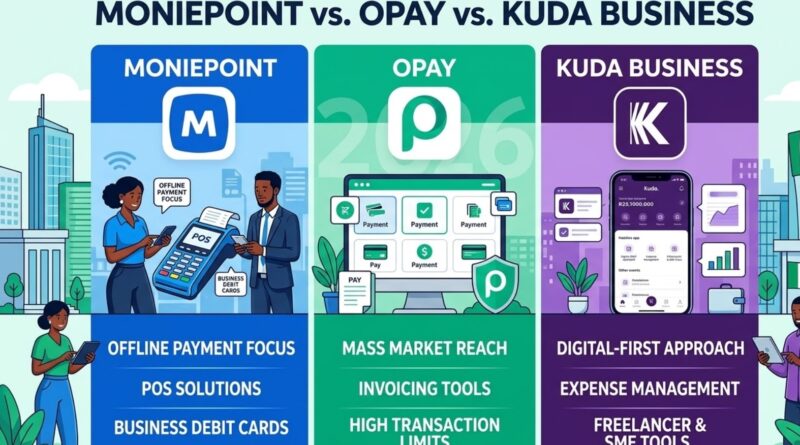 Featured image comparing Moniepoint, OPay, and Kuda Business corporate accounts for Nigerian Business Names in 2026, highlighting NRS TIN integration.